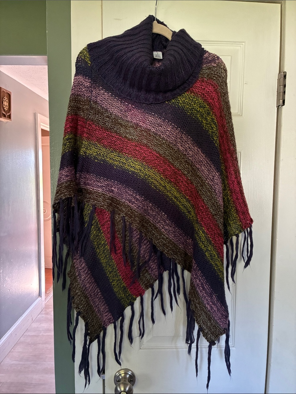 Caren Sport Multicolor Striped Fringe Poncho with Cowl Neck